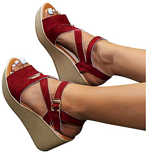 shownicer Sandales Paille Femme éTé Bout Ouvert Compensé Chaussure Semelle CompenséE Femme Mule Confort Femme Tong Cuir Femme E Rouge 36 EU
