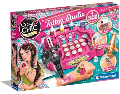 Clementoni Crazy Chic Tattoo-Studio - Temporäre Tattoos für Kinder ab 6 Jahren - Kreativ-Spielzeug inkl. Körperstift, Körperfarben, Schablonen & mehr, 18602