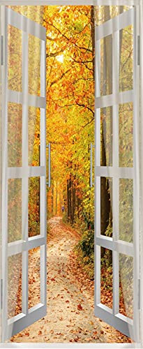 A.Monamour Türtapete Selbstklebend Türfolie Türposter 3D Orange Herbstliche Wald Landschaft Durch Offenes Fenster Vinyl Folie Türdeko Tapete Wandbild Türaufkleber Türtattoo 85 x 200 cm