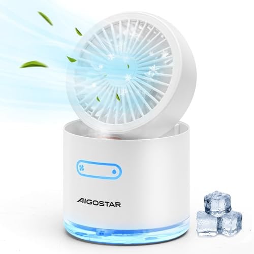 Aigostar Windgift- Mini ventilatore con USB, Nebulizzatore e Umidificatore da 300 ml. 7 luci colorate, 3 velocità e 2 modalità. Pieghevole e Spegnimento automatico. Ventilatore silenzioso e portatile.