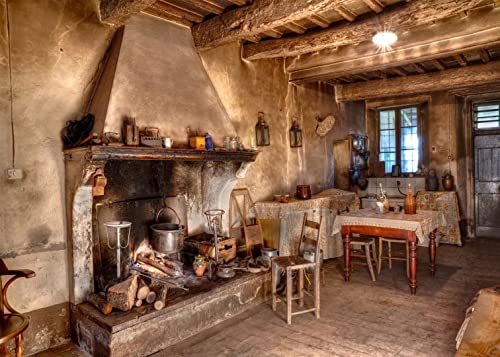 BELECO 2.7x1.8m Rustikale alte Küchenkulisse ländliches Bauernhaus Hütteninterieur Kamin Esstisch Western-Taverne Gasthof-Hintergrund ländliche Themenparty-Dekorationen Foto-Requisiten