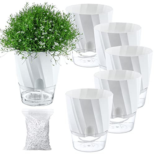 5 Stück Selbstbewässernde Pflanzgefäße 15,2 cm Blumentopf Selbstbewässernde Töpfe für Zimmerpflanzen Kunststoff Blumentopf für afrikanische Veilchen, Blumentöpfe mit dekorativen Steinen, Weiß