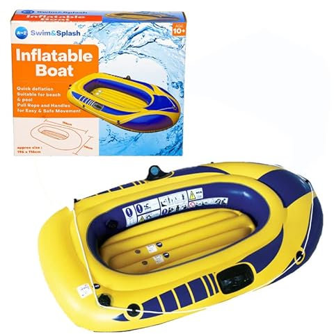 Swim&Splash Inflatable Boat, 196 x 116 cm, Quick Deflation, Pull Rope and Handles, Age 10+, Yellow/Blue