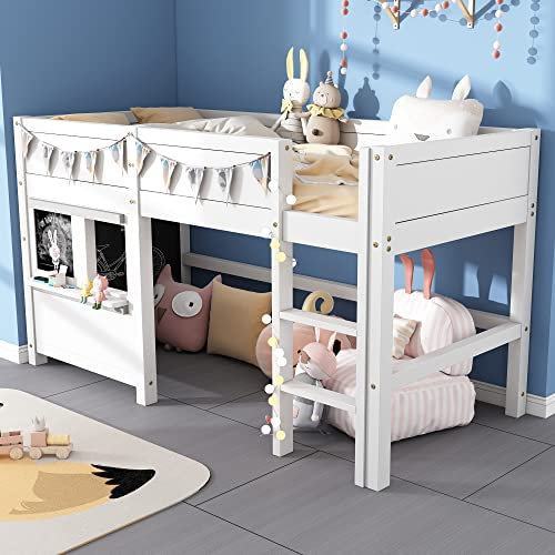 SOFTWEARY Hochbett, Kinderbett mit Lattenrost und Leiter, 90x200 cm, Holzbett aus Kieferholz, Einzelbett mit Rausfallschutz, Jugendbett