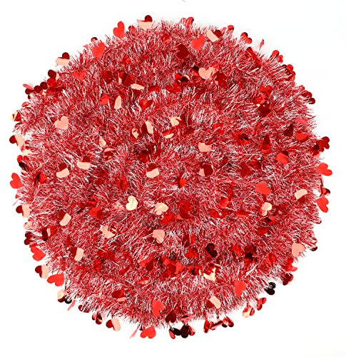KIMOBER Lametta-Girlande zum Valentinstag, 90 cm, rot-weißes Herz, metallische hängende Girlande für Party-Dekoration