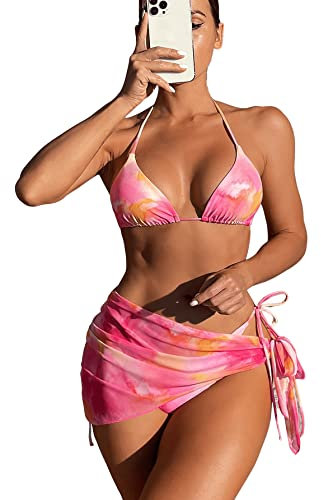 GORGLITTER Bikini Mit Rock Damen Set 3 Teilig Bikini Sets Sexy Neckholder Bikini Oberteil Bikini Bunt Batik Rosa L
