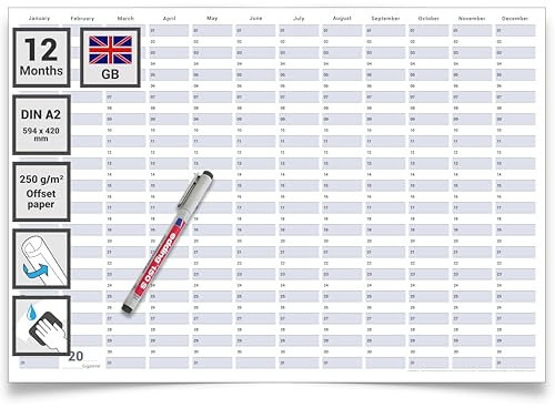 Gigatime din A2 Dauerkalender/Geburtstagskalender Format 59,4 x 42,0 cm mit Marker dauerhaft wiederverwendbarer Jahresplaner feucht abwischbar. Englische Monatsangabe