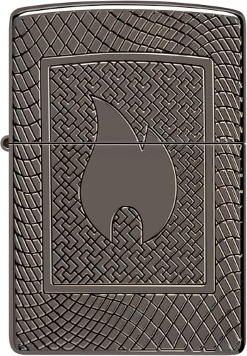 Zippo, Lighter Genuine windproof lighter in glossy black metal, classic flame pattern design, durable and refillable, ideal for camping and adventures, Flame Pattern Design