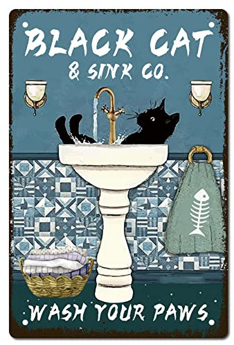 CREATCABIN Funny Bathroom Retro Metal Tin Sign Black Cat Wash Your Paws Vintage Aluminum Sign for Home Toilet Restaurant Kitchen Bar Coffee Wall Decor Art Gift for Women Men Friends 8 x 12 Inch