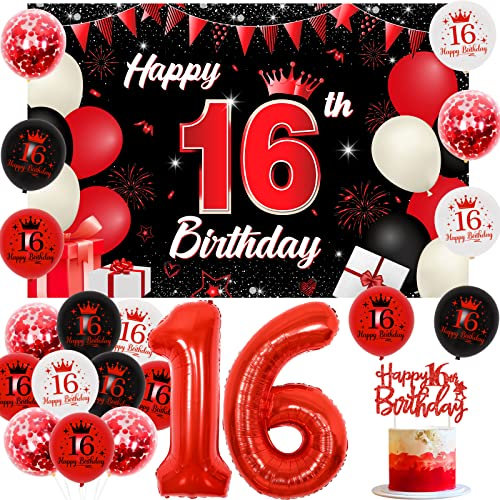 Sursurprise Red Black 16th Birthday Decorations: Red Black Balloons, Backdrop, Cake Topper & Balloons for 16 Years Old Birthday Party Supplies