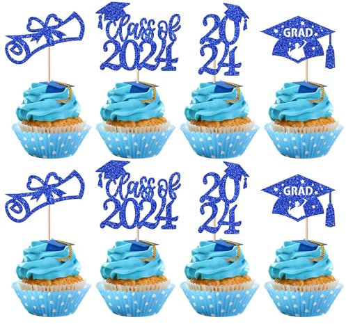 Rsstarxi 36 Stück 2023 Abschlussfeier Cupcake Topper Blau Glitzer Klasse 2023 Abschlusskappe Diplom Cupcake Picks 2023 Abschluss Thema Party Kuchen Dekorationen Supplies
