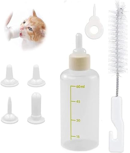UQMIQURA Biberon d'élevage pour chat, animal de compagnie, biberon en silicone pour bébé, nouveau-né, animal de compagnie, petits chiens, chiots, chats, lait, avec kit de pinceaux à tétons (60 ml)