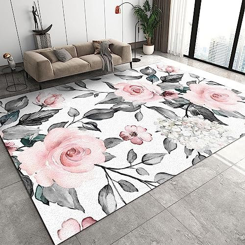 ZONOKI Tapis de Style EuropéEn Fleurs Roses Feuilles Grises, Tapis de Salon Style d'art Floral Pastoral RéTro, Tapis AntidéRapant D'IntéRieur - pour Salon, Chambre, Salle à Manger, Ferme - 60 x 90 cm