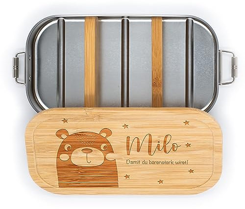 Kidsmood- Personalisierte brotdose mit Bambusdeckel, Individuelle Edelstahl lunchbox für kinder mit Wunschnamen, Ideal für Schule und Kindergarten, personalisierte Geschenke Kinder