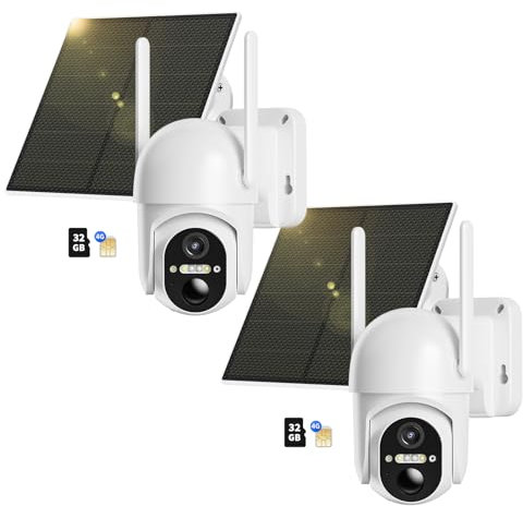 NUASI 2K 4G LTE Camara Vigilancia Exterior con Panel Solar【2 Unidad】, 360 Grados PTZ, PIR Detección de Movimiento, Visión Nocturna en Color, Audio Bidireccional, con Tarjeta 32GB y SIM, IP66