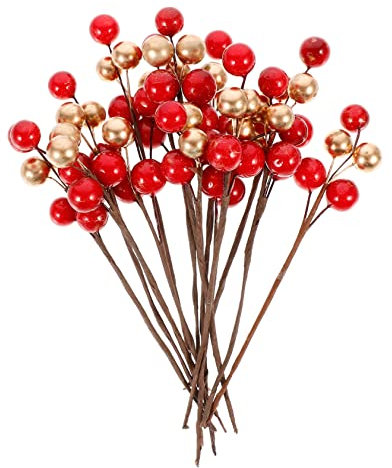 TOVINANNA 30St goldrote Beeren künstliche Beerenpflücker für die Dekoration Beerenzweig Stiele weihnachtsdeko Weihnachtskranz Goldbesatz rote rotgoldenes Beerendekor