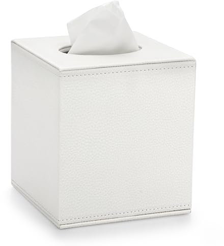 BTSKY Scatola porta fazzoletti a cubo in pelle PU, copertura quadrata per casa/ufficio, scatola di carta velina testurizzata, porta tovaglioli, bianco