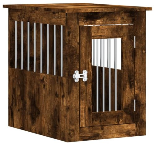 vidaXL Jaula para Perros, Perrera con Ventilación Cerradura, Caseta Refugio para Mascotas, Mesita Auxiliar, Madera de Ingeniería Roble Ahumado