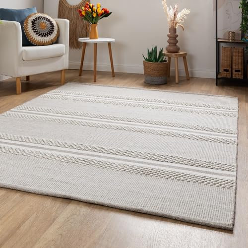 Steffensmeier Handweb Teppich Habo | Wolle (Schurwolle), Silber, handgewebt, Größe: 200x250 cm Wohnzimmer und Schlafzimmer