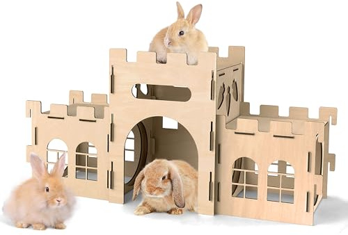 HIIMALEX Extra Großes Kaninchenschloss-Versteck mit Balkon, Kletterturm & Tunnel – Stabiler Lebensraum für Kleintiere Kaninchen, Meerschweinchen, Ratten HLT4