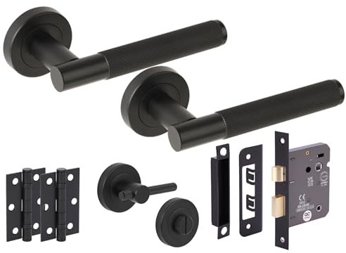 Hunta HANDLEZONE® Evo Knurled Grip Door Handles on Rose Bathroom Lock Pack with Knurled Turn Set, 76mm Lock, 75mm Ball Bearing Hinges - Black Matt