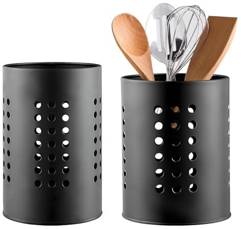 JKYVAA 2pcs Black Utensil Holder Stainless Steel Cutlery Holder Drainer Kitchen Cutlery Organiser Stand for Spoon Spatula Knife Fork Kitchenware Storage(10*16.5cm/12*15cm)