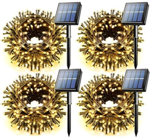 Voolex 4er Solar Lichterkette Außen 100 LED 10 m, Lichterkette Solar Aussen Wetterfest, 8 Modi Solarlichterkette Warmweiß, Lichterkette Außen Solar für Outdoor Garten, Hof, Hochzeit Dekorationen