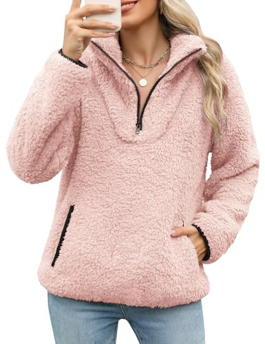 Tuopuda Pulls Femme Polaire 1/4 Fermeture Sweat sans Capuche Doublé Chaud Pullover Pilou Haut avec Poche Tuniques col en V Casual Loungewear T Shirt a Manches Longues, Rose, M