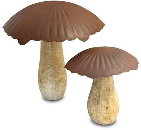 Mango Holz Pilz mit Metall Schirm 2er Set - 15/10 cm - Wald Deko Tisch Figur mit Rost Optik - Herbst Aufsteller Dekofigur zum Hinstellen