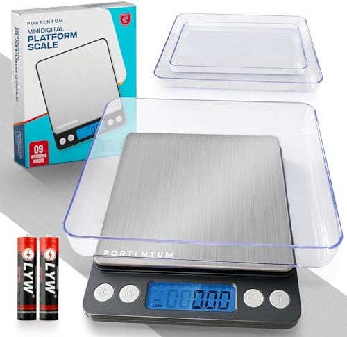 PORTENTUM Digital Kitchen Scale 500g/0.01g - Food or Mail, Electronic, Stainless Steel, Measuring Function for Liquid in ml and fl. oz, Precision Scale, Silver