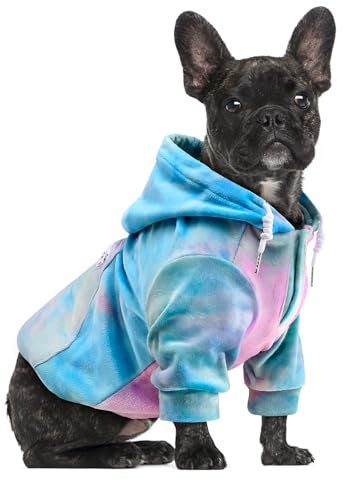SlowTon Hunde Hoodie für Hunde, Warmer Flanell Hundepullover mit mit Leine Portal und Tasche, Kapuzenpulli Hund Overall für kleine mittlere Chihuahua Teddy, Blau-Grau Tie Dye
