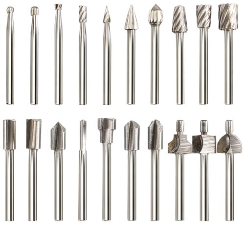 Dicunoy 20 PCS Engraving Router Bit Carving Bits, HSS Rotary Tool Accessories Rotary Burr Set with 1/8(3mm) Shank for Wood Cutting, Carving, Drilling, Trimming, Beginner, Small Jobs in Soft Wood