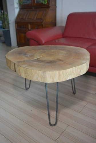 Runder Eichen-Couchtisch, aus massivem Eichenholz, auf Stahlbeinen in schwarz, rustikal-industrieller Stil, geölte Holzscheibe, handgefertigt (Durchmesser 60cm)