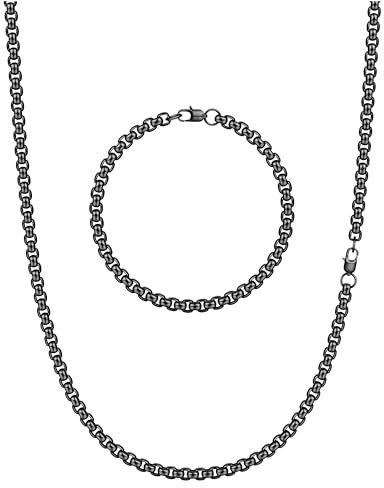 CASSIECA 2Pcs Black Chains for Men 316L Stainless Steel Mens Pearl Chain Mens Link Chain Necklace and Bracelet Set Hip Hop Jewelry Men's Jewellery for Husband Son Boys