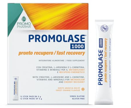 Promolase 1000 Pronto Recupero – Tonico Energetico per Crampi, Stanchezza e Recupero Muscolare - con Creatina, Carnitina, Arginina e Vitamine - Gusto Arancia -12 Stick da 5 g