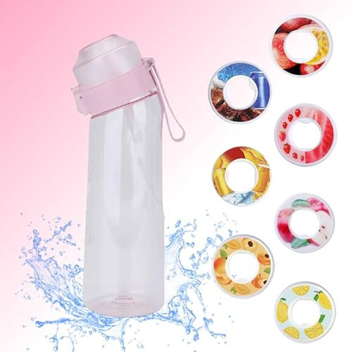 Air Gourde, avec 7 Pods, 650ML, Capsules de Saveur, Bouteille d'eau parfumée, Gout Fruité, Écologique, Sans BPA, Sport, Enfant, Paille, Cola, Fruit de la passion, Fraise, ... Set up Pack (Rose)