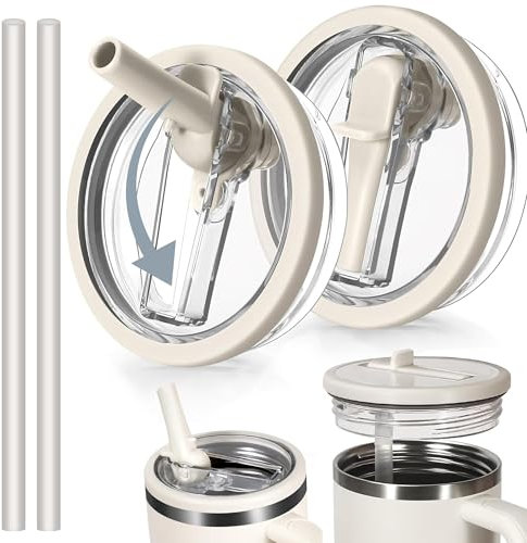 2 Stück Stanley Cup Deckel Auslaufsicher mit für Stanley Flip Straw,Ersatzdeckel für 40oz Becher mit 2 Austauschbar Strohhalme,Stanley Cup Zubehör,Wiederverwendbarer Stanley Cup Deckel Ersatz(Beige)