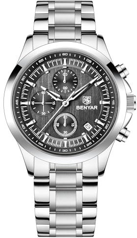 BENYAR Uhren Herren Analog Quarz Chronograph Herrenuhren 50M Wasserdicht Leuchtende Datum Armbanduhr Lässig Business Uhren Klassische Elegantes Geschenke für Herren (5210 Silber Schwarz)