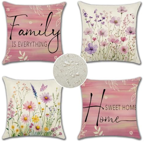 JOTOM 4er Set Outdoor Kissenbezüge Blumen Vögel, Dekorative wasserdichte Wurf Kissenbezug Moderne Kissenhüllen Sofakissen Dekokissen Zierkissenbezug für Wohnzimmer Garten Deko (45x45cm, Rosa)