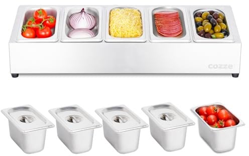 cozze® Pizza Toppingstation – Edelstahl Zutatenbehälter mit Deckel für Pizzabeläge – Professionelle Pizza Belegstation mit 5 Fächern – Pizza Zubehör für Küche und Gastronomie