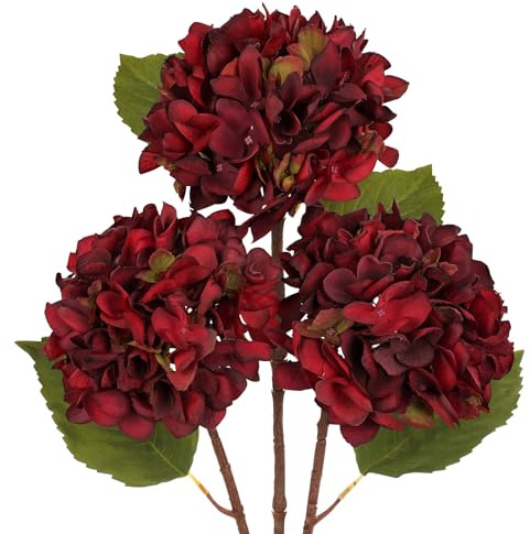 Hollyone Pack of 3 Hydrangea Artificial Flowers, Dark Red Fake Hydrangea Stems with Large 6'' Blooms, Long Stem Silk Flowers for Floral Arrangement, Tall Vase, Home Decor, Autumn Decoration