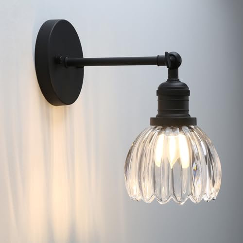 Phansthy E27 Vintage Wandleuchte Wandlampe aus gestreiftem Klarglas Tulpeform Lampenschirm Industrielle Wandbeleuchtung für Esszimmer, Wohnzimmer, Restaurant (Schwarz Farbe)