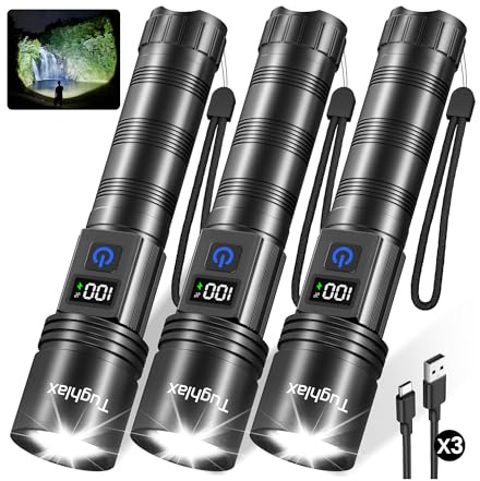 Tughlax 3Pack Rechargeable Flashlights High Lumens, Super Bright Flashlight with LCD Digital Display, 5Modes Adjustable LED Flashlight Tactical Flashlights High Powered, Flash Lights for Emergency
