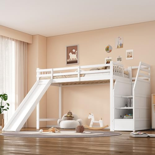 EURHCIO Lit Mezzanine Enfant 90200cm,Lit Mezzanine 1 Place avec Toboggan Réglable,Barrière Amovible,échelle de Rangement,pour Enfants Adolescents(D-Blanc, 90x200)