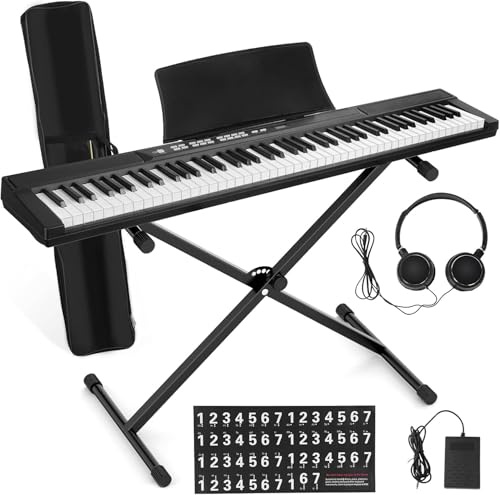 88 Key Piano Keyboard, Electric Digital Piano with Full Size Semi Weighted Keys, Beginner Piano Set with Sustain Pedal Stand Headphones Carrying Case (Black)