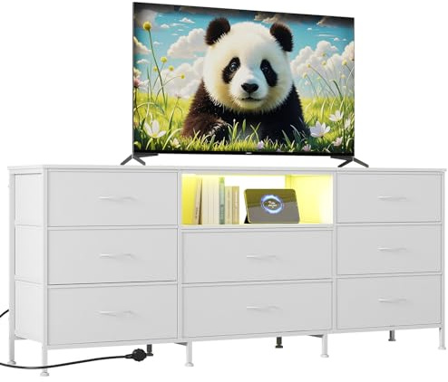 63 w LED TV Stand Dresser with 8 Fabric Drawers, Dressers & Chests of Drawers TV Stand with Storage for 65, 70, 75 TV, Steel Frame & LED Lighting, Bedroom Furniture & Living Room Organizer