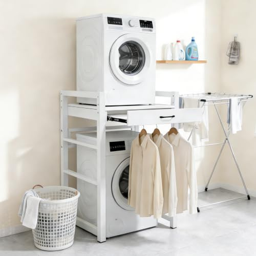 Yigowyigo - Scaffale per lavatrice con stendino estraibile, 73 x 63 x 105 cm, portata 250 kg, altezza regolabile 84 cm e 89 cm, per bagno, balcone, colore bianco