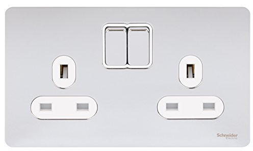 Schneider Electric Ultimate Screwless Flat Plate - Double Switched Power Socket, 13A, GU3420WPC, Polished Chrome with White Insert, 2 Gangs
