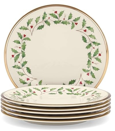 Lenox Holiday 6-Piece Salad Plates Dinnerware Set, Service For 6, Porcelain, Dishwasher Safe, Round Plates Set, Ivory Red & Green, Perfect for Gatherings, Hosting, Christmas Dinnerware (Ivory 6 Piece)