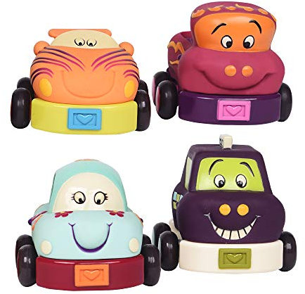 B. toys – Juhu! – Pull-Back-Wagen – 4 weiche Fahrzeuge mit Geräuschen – Auto, Taxi, Rennwagen, Pick-up-Truck – Spielzeugautos für Kleinkinder, Kinder – 12 Monate +